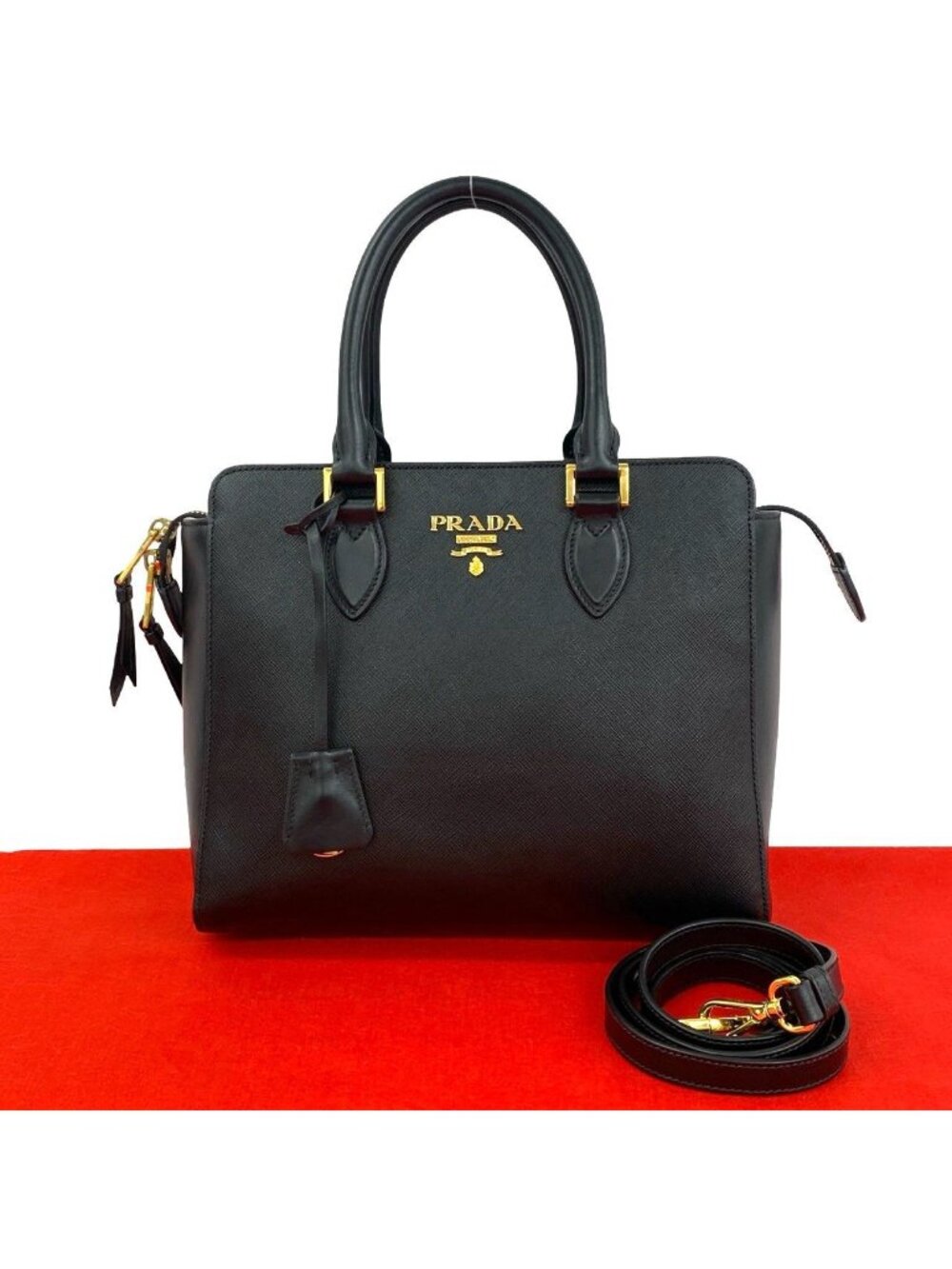 Prada Logo Leather 2-Way Shoulder Bag Mini Tote Black